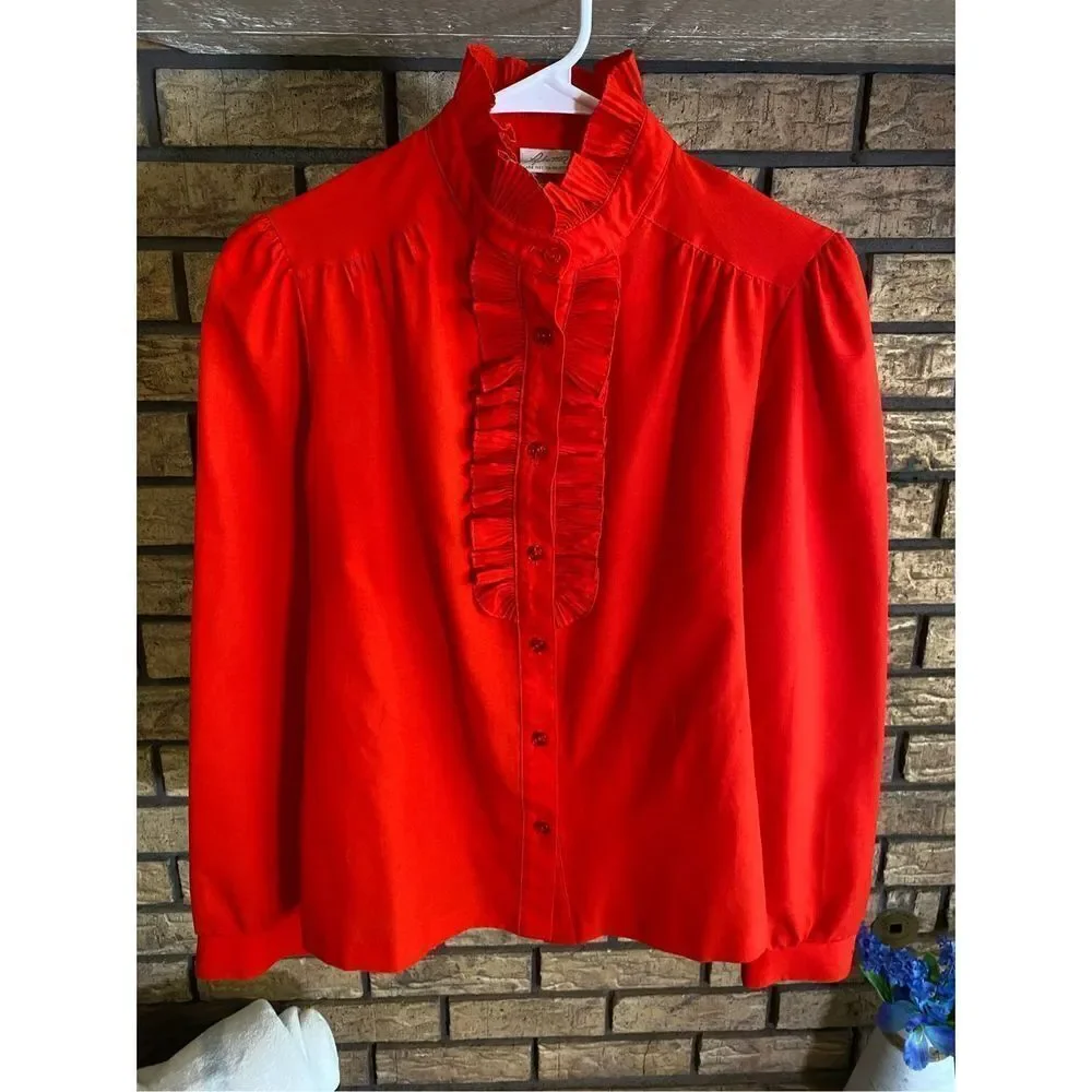 Vintage Pykettes Ruffled Red Button Down - Picture 1 of 5